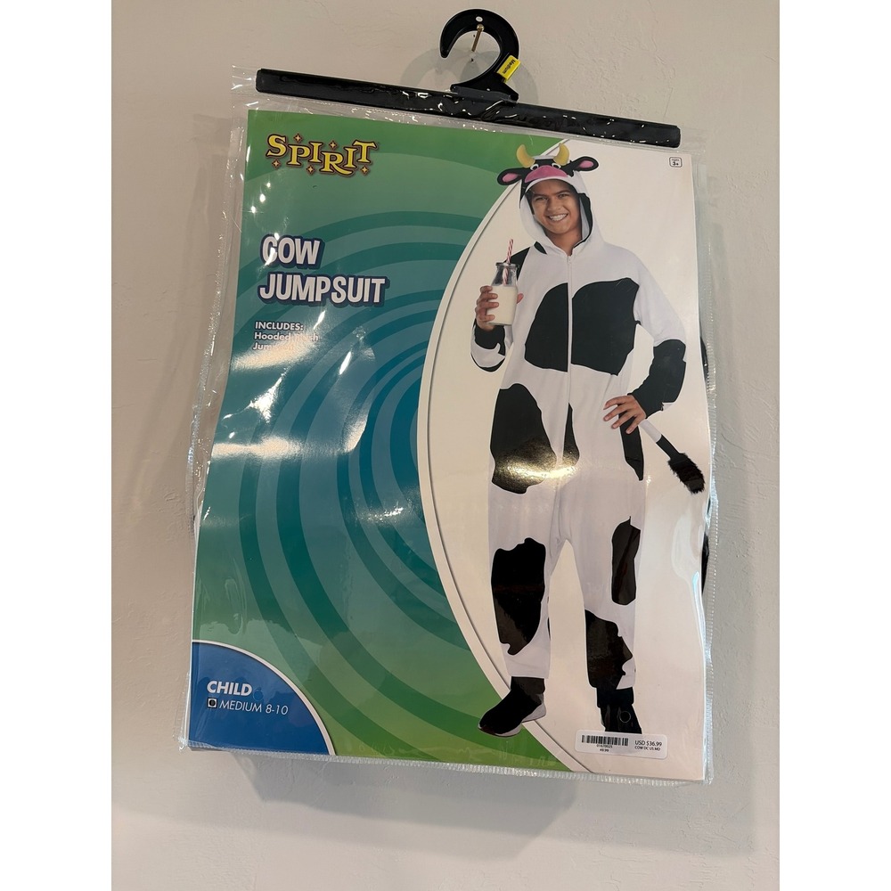 Spirit Halloween Cow Jumpsuit Costume Kids Medium 8-10 Black White Plush Hooded